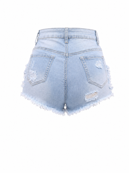 REDFOX WOMEN HIGH RISE SHREDDED SIDE DENIM SHORTS