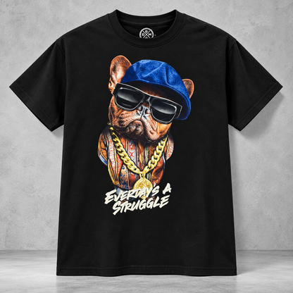 ODM MENS BLACK GANGSTA DOG EVERYDAY STRUGGLE GRAPHIC T-SHIRT