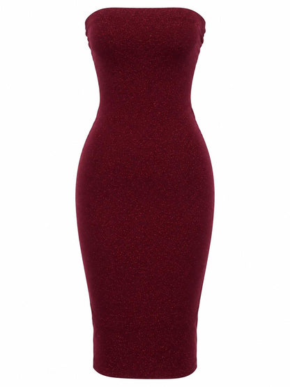 HOT & DELICIOUS WOMEN'S SHIMMER STRAPLESS MIDI DRESS