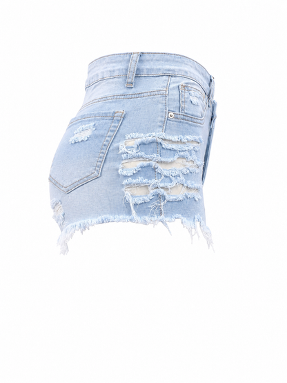 REDFOX WOMEN HIGH RISE SHREDDED SIDE DENIM SHORTS