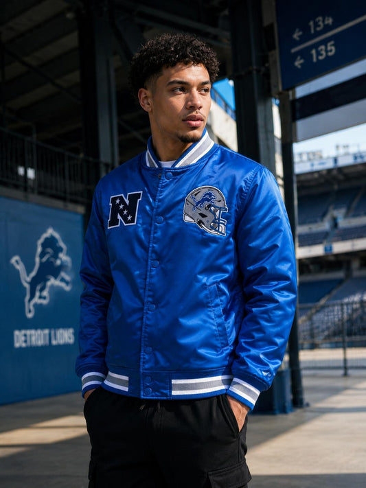 NEW ERA DETROIT LIONS NFL SATIN JACKET HONOLULU BLUE WITH EMBROIDEREDTEAM GRAPHICS