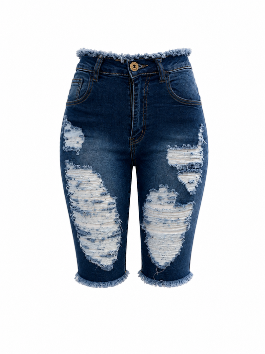 REDFOX WOMEN HIGH WAIST DISTRESSED BERMUDA DENIM SHORT