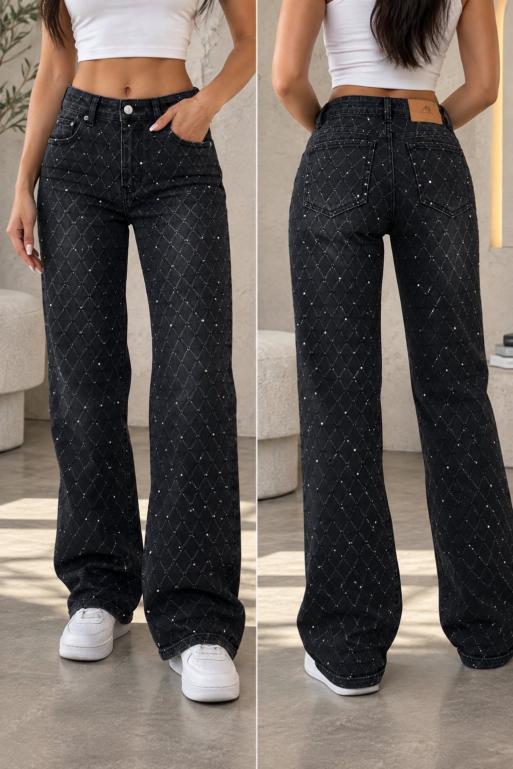 AMERICAN BAZI WOMEN'S RHINESTONE MONOGRAM WIDE LEG JEANS (RJH10727)