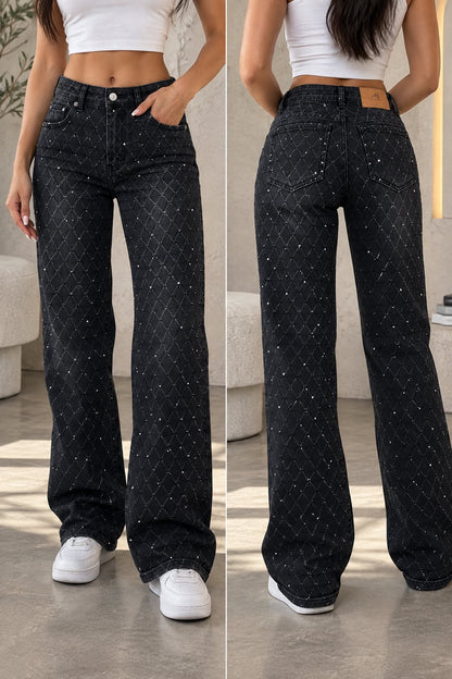 AMERICAN BAZI WOMEN'S RHINESTONE MONOGRAM WIDE LEG JEANS (RJH10727)