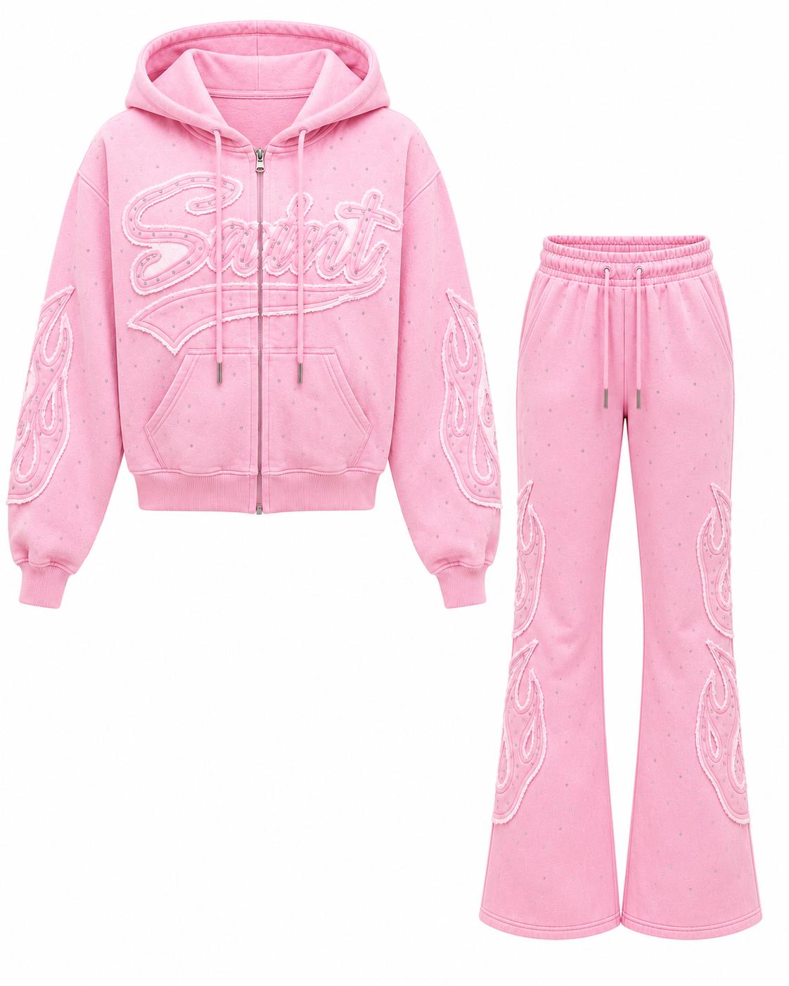 REDFOX WOMEN SAINT W/PATCH AND RHINESTONE FLEECE JOGGING SUIT (2PCS SET)
