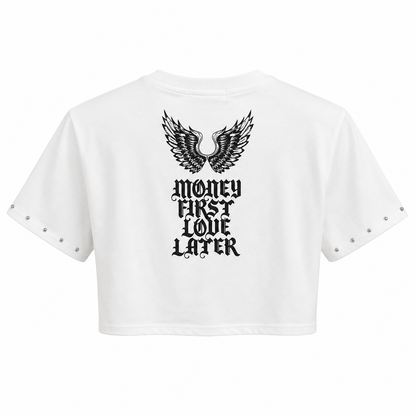 REDFOX WOMEN'S "MONEY FIRST LOVE LATER" CROP TEE