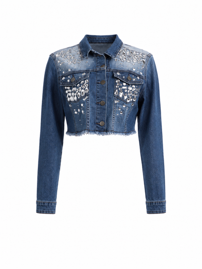 HOT & DELICIOUS RHINESTONE CROP DENIM JACKET