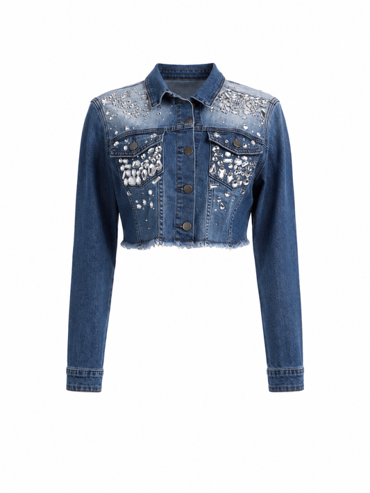 HOT & DELICIOUS RHINESTONE CROP DENIM JACKET