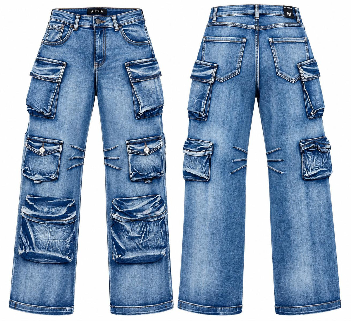 AMERICAN BAZI WOMEN'S MULTI POCKET CARGO WIDE LEG JEANS