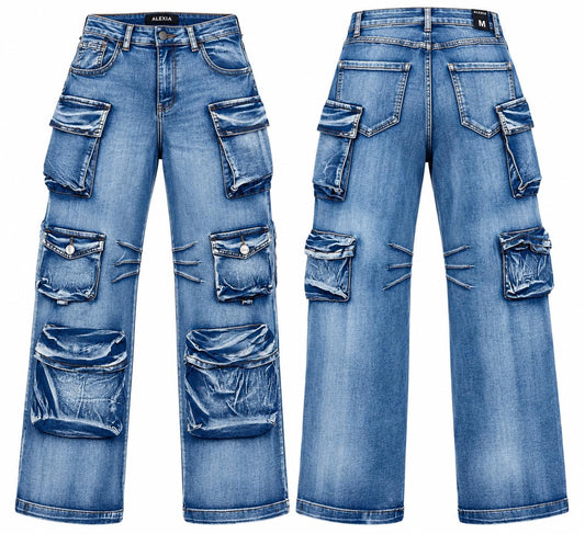 AMERICAN BAZI WOMEN'S MULTI POCKET CARGO WIDE LEG JEANS