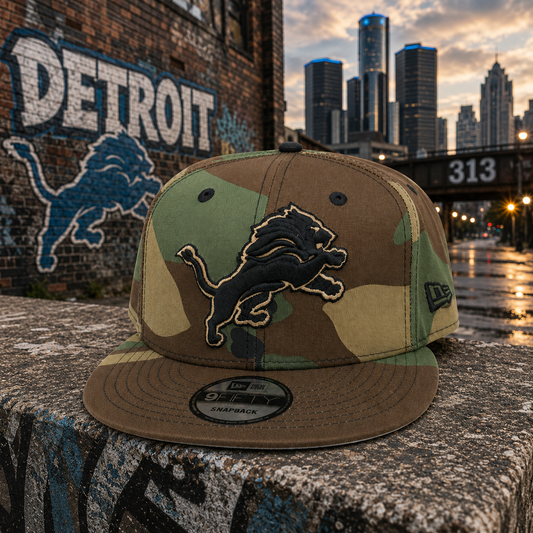 NEW ERA DETROIT LIONS WOODLAND CAMO 9FIFTY SNAPBACK CAP