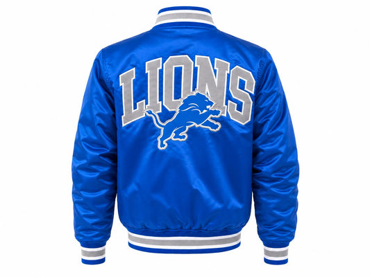 NEW ERA DETROIT LIONS NFL SATIN JACKET HONOLULU BLUE WITH EMBROIDEREDTEAM GRAPHICS