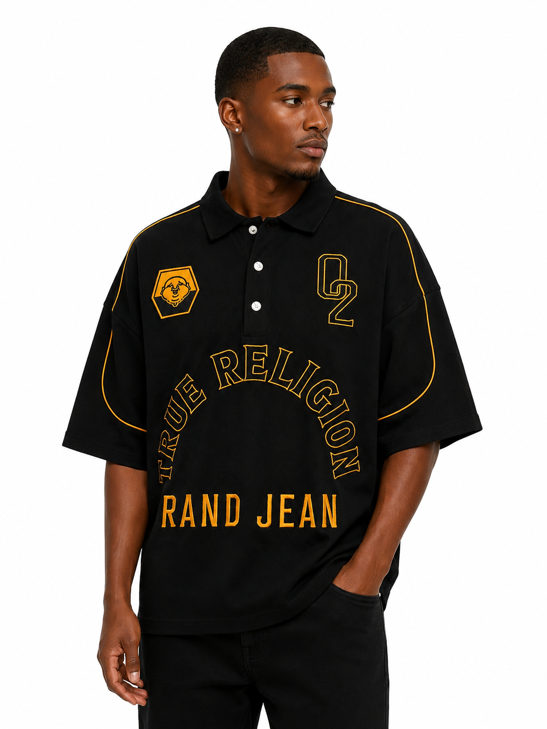 TRUE RELIGION MEN'S MULTI LOGO OVERSIZED POLO T-SHIRT (110353)