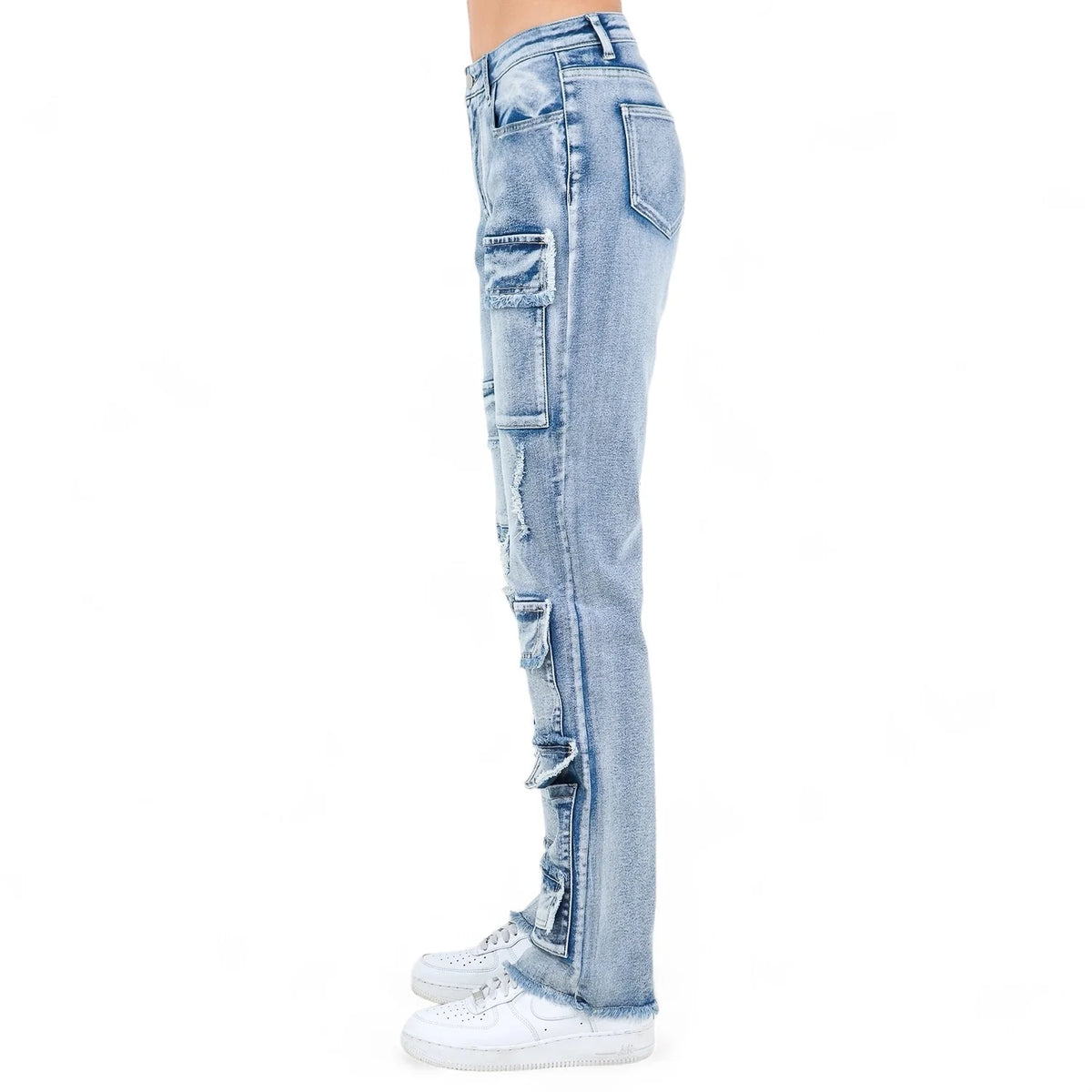 AMERICAN BAZI WOMEN'S DISTRESSED MULTI POCKET WIDE LEG JEANS (RJH21003)