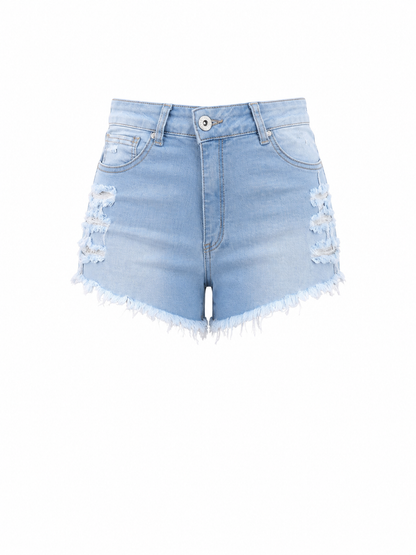 REDFOX WOMEN HIGH RISE SHREDDED SIDE DENIM SHORTS