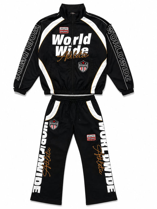 COPPER RIVET MEN WORLD TOUR FRAY APPLIQUE TRACK SUIT FLARE PANTS (2 PCS SET)