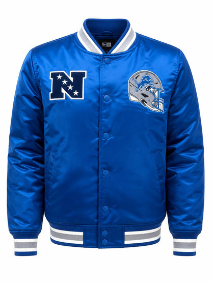 NEW ERA DETROIT LIONS NFL SATIN JACKET HONOLULU BLUE WITH EMBROIDEREDTEAM GRAPHICS