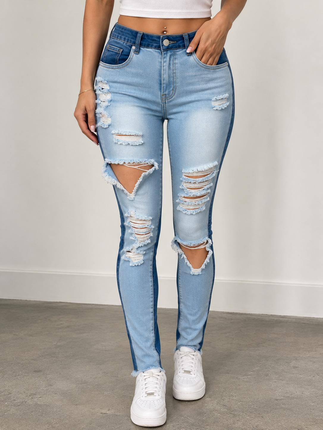 REDFOX WOMEN'S TWO TONE REBEL DISTRESSED JEANS (PA0523)