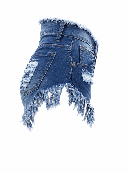 REDFOX WOMEN DISTRESSED FRINGE DENIM SHORTS