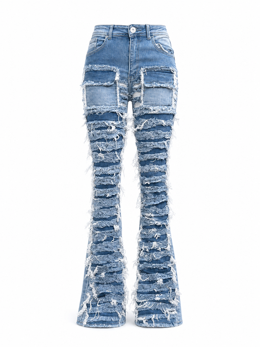 REDFOX WOMEN SUPER FRAYED CARGO STACKED JEANS