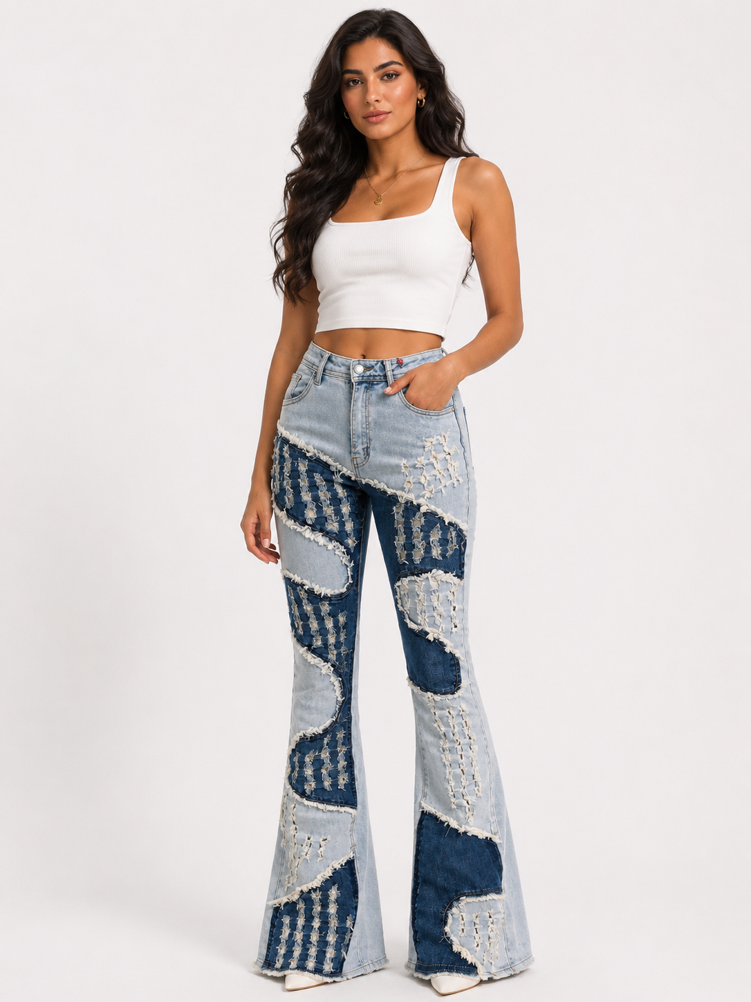 REDFOX WOMEN DISTRESSED PATCHWORK STACKED JEANS