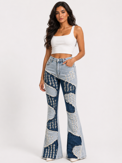 REDFOX WOMEN DISTRESSED PATCHWORK STACKED JEANS