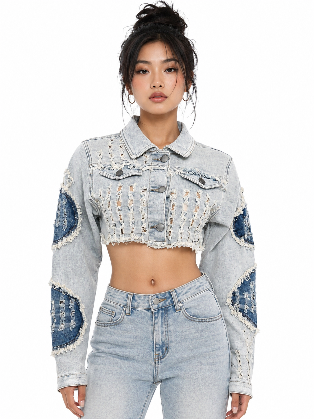 REDFOX WOMEN DISTRESSED PATCHWORK CROP JEAN JACKET