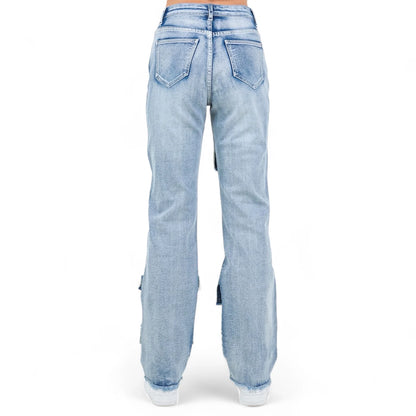 AMERICAN BAZI WOMEN'S DISTRESSED MULTI POCKET WIDE LEG JEANS (RJH21003)