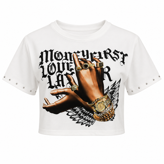 REDFOX WOMEN'S "MONEY FIRST LOVE LATER" CROP TEE