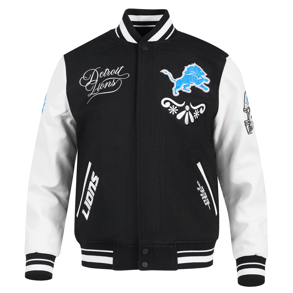 PRO STANDARD DETROIT LIONS SUGAR SKULL M RIB WOOL VARSITY JACKET, BLACK/WHITE