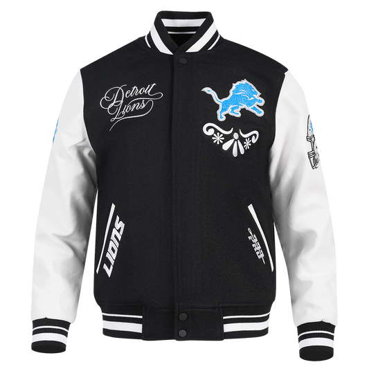 PRO STANDARD DETROIT LIONS SUGAR SKULL M RIB WOOL VARSITY JACKET, BLACK/WHITE