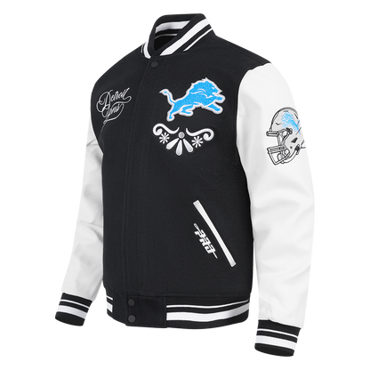 PRO STANDARD DETROIT LIONS SUGAR SKULL M RIB WOOL VARSITY JACKET, BLACK/WHITE