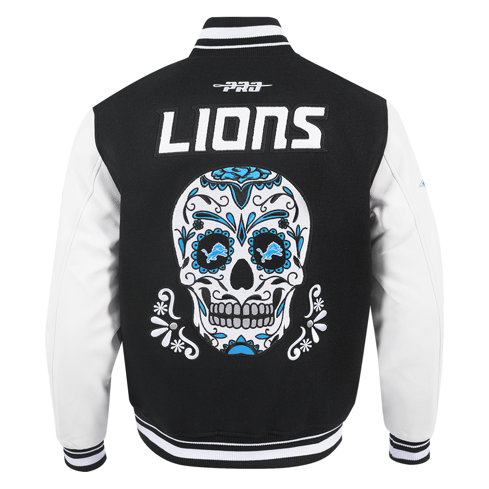 PRO STANDARD DETROIT LIONS SUGAR SKULL M RIB WOOL VARSITY JACKET, BLACK/WHITE