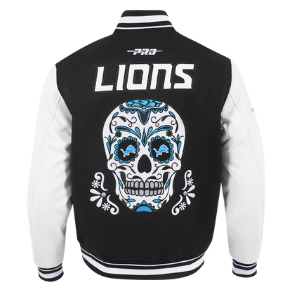 PRO STANDARD DETROIT LIONS SUGAR SKULL M RIB WOOL VARSITY JACKET, BLACK/WHITE