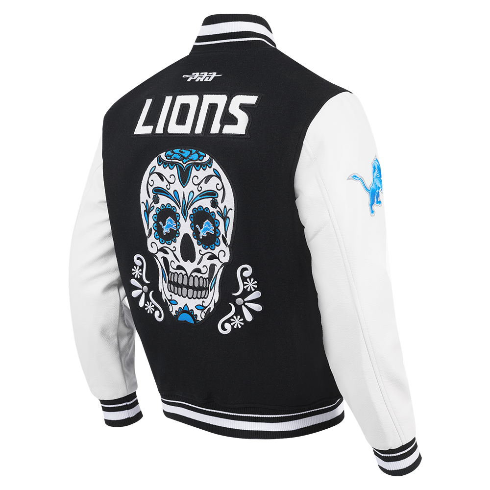 PRO STANDARD DETROIT LIONS SUGAR SKULL M RIB WOOL VARSITY JACKET, BLACK/WHITE