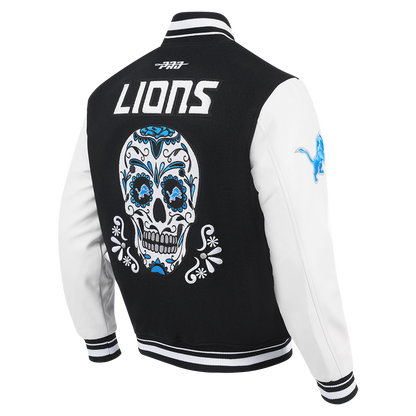 PRO STANDARD DETROIT LIONS SUGAR SKULL M RIB WOOL VARSITY JACKET, BLACK/WHITE