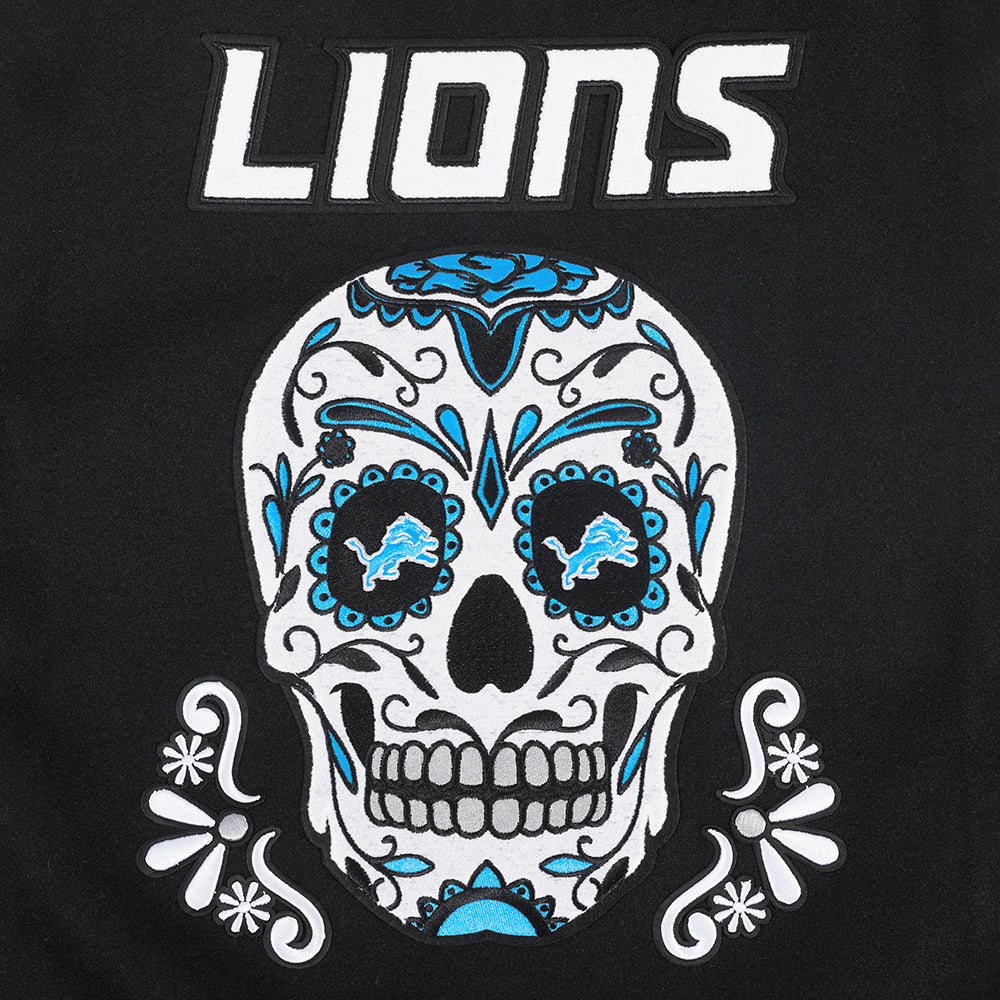 PRO STANDARD DETROIT LIONS SUGAR SKULL M RIB WOOL VARSITY JACKET, BLACK/WHITE