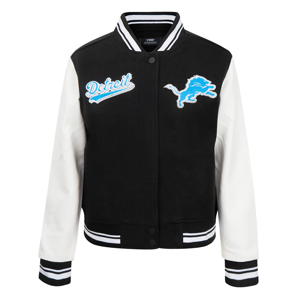 PRO STANDARD NFL DETROIT LIONS SCRIPT TAIL WOMEN'S WOOL VARSITY JACKET