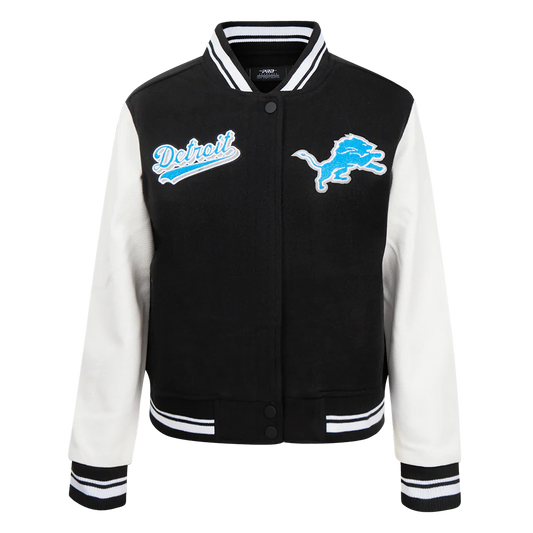 PRO STANDARD NFL DETROIT LIONS SCRIPT TAIL WOMEN'S WOOL VARSITY JACKET