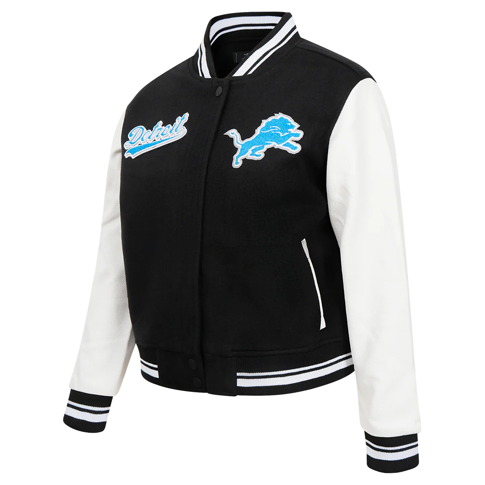 PRO STANDARD NFL DETROIT LIONS SCRIPT TAIL WOMEN'S WOOL VARSITY JACKET
