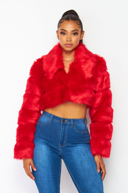 Hot & Delicious - Faux Fur Crop Jacket - Red