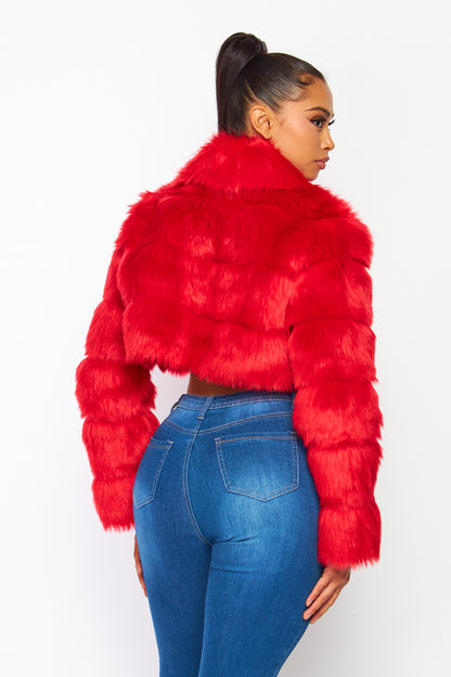 Hot & Delicious - Faux Fur Crop Jacket - Red