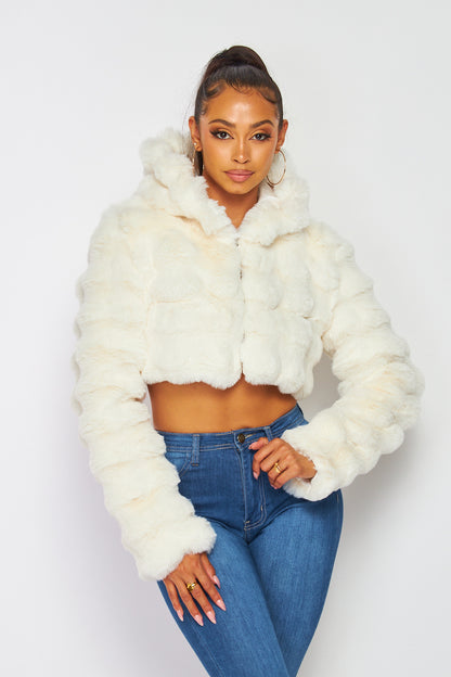 Hot & Delicious - Faux Fur Hooded Crop Jacket - Ivory
