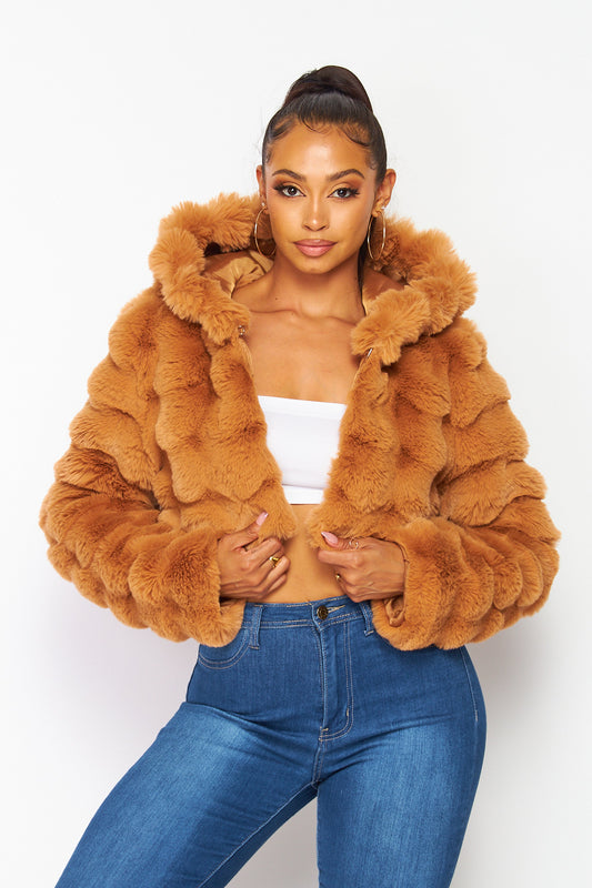 Hot & Delicious - Faux Fur Hooded Crop Jacket - Taupe