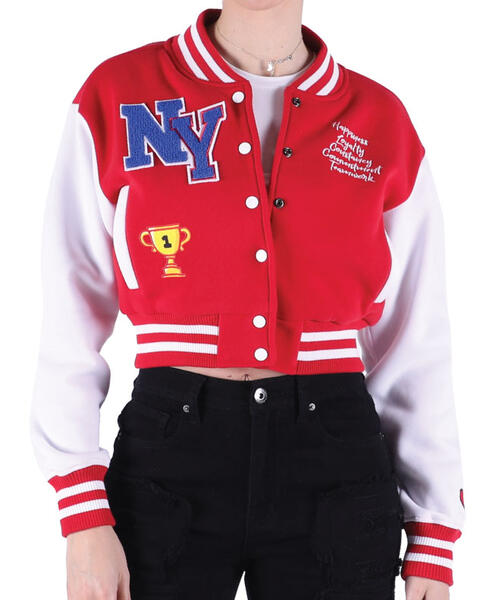 RED FOX FLEECE CITY NAME VARSITY CROP JACKET RED-(JK0422)