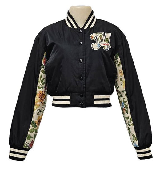 RED FOX PADDING CROP VARSITY JACKET W/TAPESTRY PATCH BLACK-(JK8409)