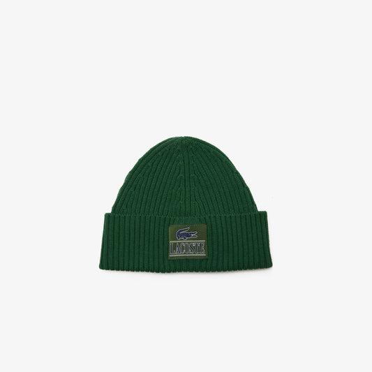 Lacoste - Ribbed Wool Woven Patch Beanie - Green