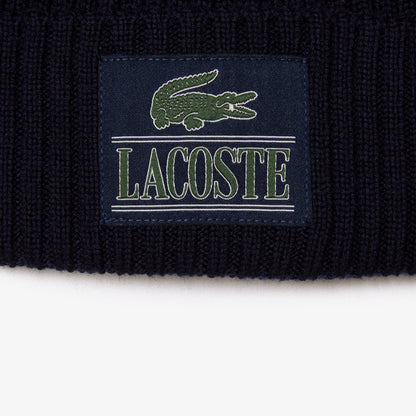 Lacoste - Ribbed Wool Woven Patch Beanie - Black