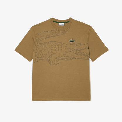 Lacoste - Men's Loose Fit Crocodile Print Crew Neck Shirt - Brown