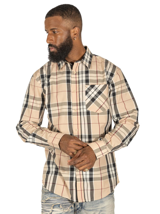 VENO Brandon Long sleeves Plaid Shirt - Khaki ( V1826 )